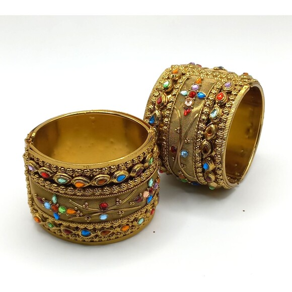 Vintage Mesh Hinged Wide, Gold Tone, Rhinestone Bangle Bracelet Pair - Picture 5 of 9